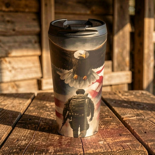 Patriotic Bald Eagle & Soldier Travel Tumbler – American Flag Military Tribute Drinkware