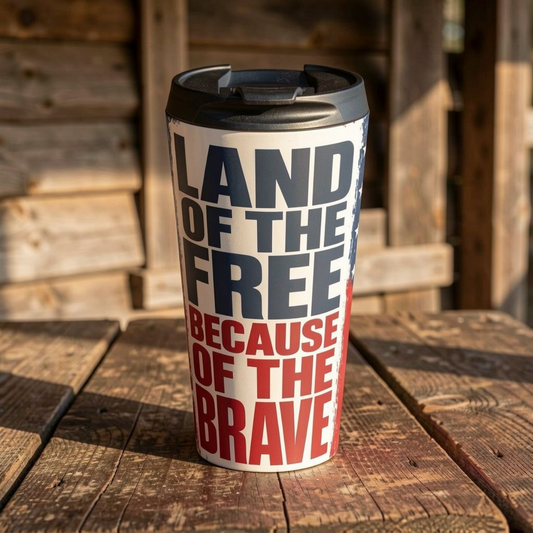 Land of the Free Because of the Brave Travel Tumbler – Rustic American Flag Patriotic Drinkware