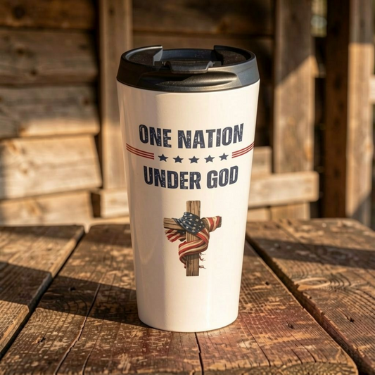 One Nation Under God Travel Tumbler – Christian Patriotic Cross & American Flag Drinkware
