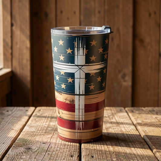 Faith and Freedom Tumbler – American Flag with Cross | Patriotic Christian Drink Cup