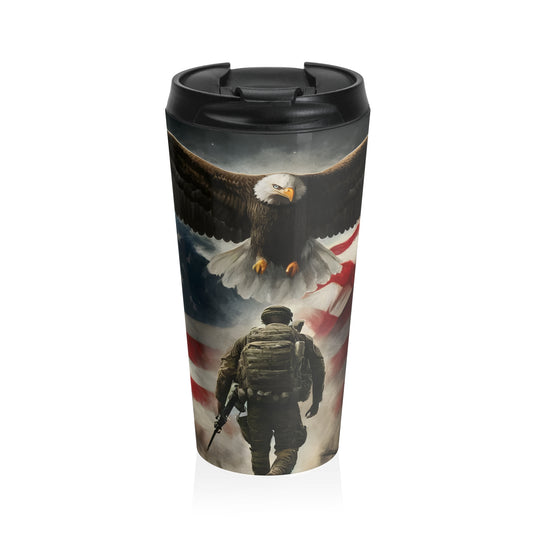 Patriotic Bald Eagle & Soldier Travel Tumbler – American Flag Military Tribute Drinkware