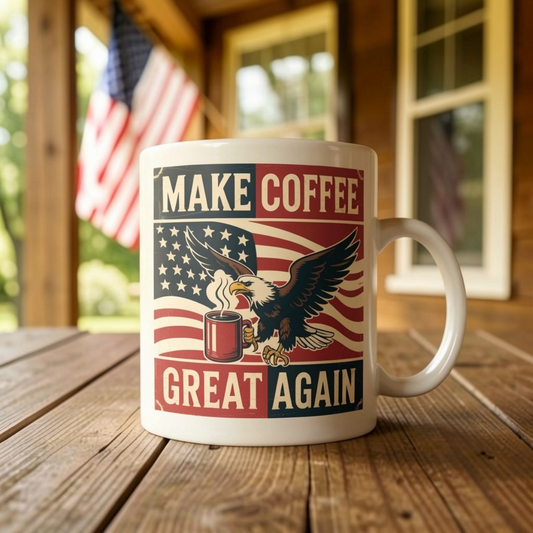 Make Coffee Great Again Mug – Patriotic Bald Eagle American Flag Coffee Mug