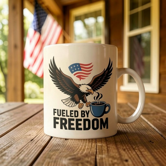 Fueled by Freedom Mug – Patriotic Bald Eagle American Coffee Cup