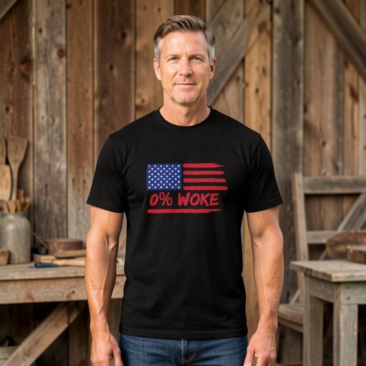 0% Woke American Flag T-Shirt – Patriotic Anti-Woke Freedom Tee